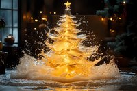 Magical glowing Christmas tree formed by splashing water with golden light illumination, creating dynamic motion effect against dark background with bokeh lights.