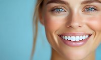 Close up portrait of young Caucasian woman with bright white smile, healthy teeth and natural makeup against blue background. Dental care and cosmetic concept.