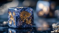 Glowing golden dice with mystical numbers on dark blue background, macro photography showing intricate details and reflective surface. Gaming concept for luck and chance.