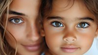 Close up portrait of young mother and daughter with striking blue eyes and natural makeup, showing tender family bond and genetic resemblance against neutral background.