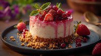 No-bake cheesecake topped with fresh strawberries, red currants and berry sauce on cookie crumb base, garnished with mint leaves, served on dark plate.