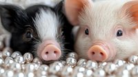 Two adorable miniature piglets with black and white markings lying together on sparkling pearl beads, showcasing farm animal cuteness and friendship.
