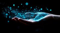 Magical glowing blue particles and light trails floating above open palm against dark background, creating ethereal effect for spiritual and fantasy concepts.