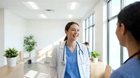 Smiling young Caucasian female doctor in white coat and scrubs talking with colleague in bright modern hospital hallway.