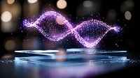Glowing purple DNA helix structure floating above reflective surface with bokeh background and sparkle particles, modern scientific visualization for genetics research.