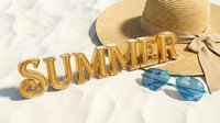 Golden Summer text with straw hat and blue sunglasses on white sand beach, sunny vacation concept for travel banners and seasonal promotions.