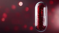 Glowing red medical capsule with sparkles inside on dark background with bokeh lights, pharmaceutical and healthcare concept visualization.