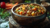 Hearty lentil vegetable stew with carrots and herbs in rustic ceramic bowl on wooden surface for healthy comfort food recipes and meal planning.