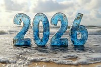Blue ice numbers 2026 on beach with ocean waves and cloudy sky background, frozen digits symbolizing future year celebration on seashore at sunset.