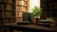 Potted green plant with classic leather-bound books arranged on wooden desk in front of library shelves, creating scholarly atmosphere for educational, academic, and literary design projects.