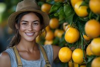 Young woman in straw hat smiling next to ripe yellow lemons on tree in orchard, representing fresh harvest and organic farming.