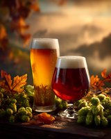Golden lager and dark ale glasses surrounded by fresh hops and autumn leaves against sunset backdrop, perfect for seasonal beverage marketing.
