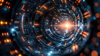 Futuristic circular tunnel with glowing orange and blue lights creating depth perspective, digital technology concept for science and innovation backgrounds.