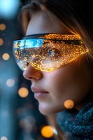 Young woman wearing futuristic smart glasses with holographic display and golden light effects in cyberpunk style for technology and innovation concepts.