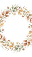 Watercolor autumn wreath with orange and green leaves, berries and flowers on white background for seasonal greeting cards and wedding invitations.