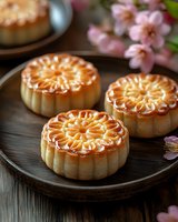 Traditional Chinese mooncakes with golden glazed tops arranged on wooden plate with pink cherry blossoms for Mid-Autumn Festival celebration.