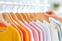 Colorful pastel t-shirts and garments hanging on wooden hangers in row, female hand choosing clothes from wardrobe rack. Soft focus fashion retail display.