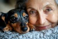 Senior Caucasian woman cuddling with adorable dachshund puppy, showing unconditional love and companionship between elderly pet owner and small dog.