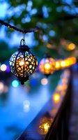 Decorative metal lantern string lights glowing at dusk with soft bokeh background, creating magical outdoor ambiance for garden parties and events.