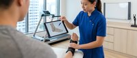 Female healthcare professional in blue scrubs taking patient's blood pressure in modern medical office with digital tablet displaying health data.