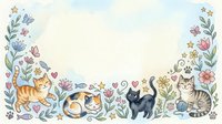Adorable cats playing among colorful spring flowers and hearts in decorative border frame on light background for greeting cards and invitations.