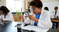 Young African American student in lab coat examining plant seedling with magnifying glass during biology class experiment in modern classroom setting.