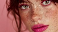 Close-up portrait of young Caucasian woman with freckles and green eyes against pink background. Natural beauty concept for skincare and cosmetics.