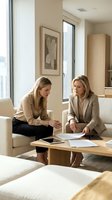 Two professional businesswomen discussing documents in modern office meeting room with natural light and contemporary furniture for corporate collaboration.