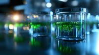 Green plant samples in glass containers on laboratory table with blurred background showing scientific research in biotechnology and botany studies.