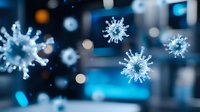 Microscopic view of virus cells floating in blue digital space with bokeh effect background, medical science visualization for healthcare and research.