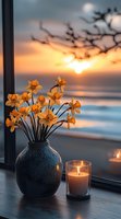 Yellow daffodils in ceramic vase and glowing candle on windowsill against dramatic ocean sunset background, creating cozy atmospheric evening mood.