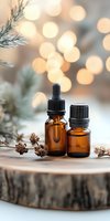 Essential oil amber glass bottles on wooden slice with pine branches and bokeh lights background, winter aromatherapy and natural wellness concept.