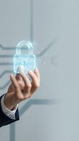 Hand holding glowing neon padlock with circuit board pattern and digital particles, representing cybersecurity, data protection, and encryption technology for business and tech concepts.