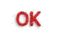 Red glittery particles forming OK text on white isolated background, scattered sparkle effect creates dynamic typography for approval and positive messaging.