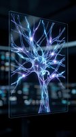 Glowing neuron tree with electric blue light pulses on a futuristic glass panel, symbolizing neural networks, AI, and brain activity.