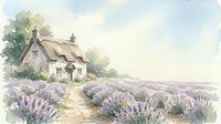 Charming thatched cottage surrounded by blooming lavender fields in watercolor style, perfect for home decor and countryside themed designs.