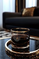 Elegant whiskey glass with golden rim on luxurious black marble tray against dark modern living room interior, soft window light creating moody atmosphere.