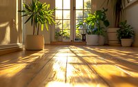 Warm sunlight streaming through window casting long shadows on wooden floor, with potted plants and houseplants creating cozy home atmosphere at golden hour.