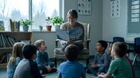 Female teacher, middle-aged, Caucasian ethnicity, reading book to diverse group of elementary school children sitting on floor in classroom library corner during educational storytelling session.