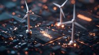 Miniature wind turbines on circuit board with glowing sparks and energy trails, representing renewable technology and smart power generation solutions.