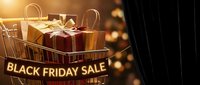 Shopping cart filled with wrapped gift boxes and gold ribbon against warm bokeh background, black friday sale sign displayed on cart for retail promotion and holiday shopping campaigns.