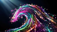 Colorful glowing wave of sparkling particles flowing across dark background, featuring vibrant neon pink, cyan, and gold light effects for digital design projects.