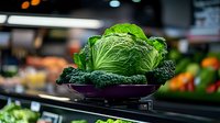 Fresh green cabbage head on purple plate at grocery store produce section, vibrant natural lighting highlights crisp leaves and texture. Healthy organic vegetable display.