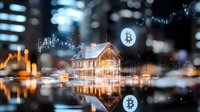 Wooden cabin with Bitcoin symbol reflection on water surface against night cityscape, digital numbers overlay creates futuristic cryptocurrency concept.