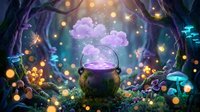 Glowing glass dome containing purple clouds surrounded by luminescent mushrooms, floating orbs, and magical forest environment with bokeh lights.