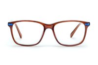 Brown rectangular eyeglasses frame with blue temple accents isolated on white background. Modern optical eyewear design for vision correction and style.