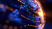 Digital globe with glowing orange and blue network connections showing worldwide data transfer and communication technology on dark background.
