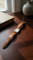 Luxury wristwatch with cognac leather strap and gold-tone case displayed on wooden desk beside notebook and ceramic vase for lifestyle and fashion use.