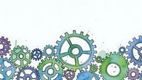 Colorful mechanical gears and cogs in blue, green, and purple tones on white background for industrial design concepts and engineering projects.