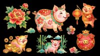 Festive pig collection with golden coins, red flowers, and lanterns isolated on transparent background. Ready for t-shirt design, clipart, stickers, sublimation, and print-on-demand products.